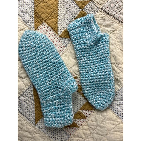Handmade Crochet Tight Knit Light Blue Cozy Relaxation Socks, Women's Large - Picture 1 of 3